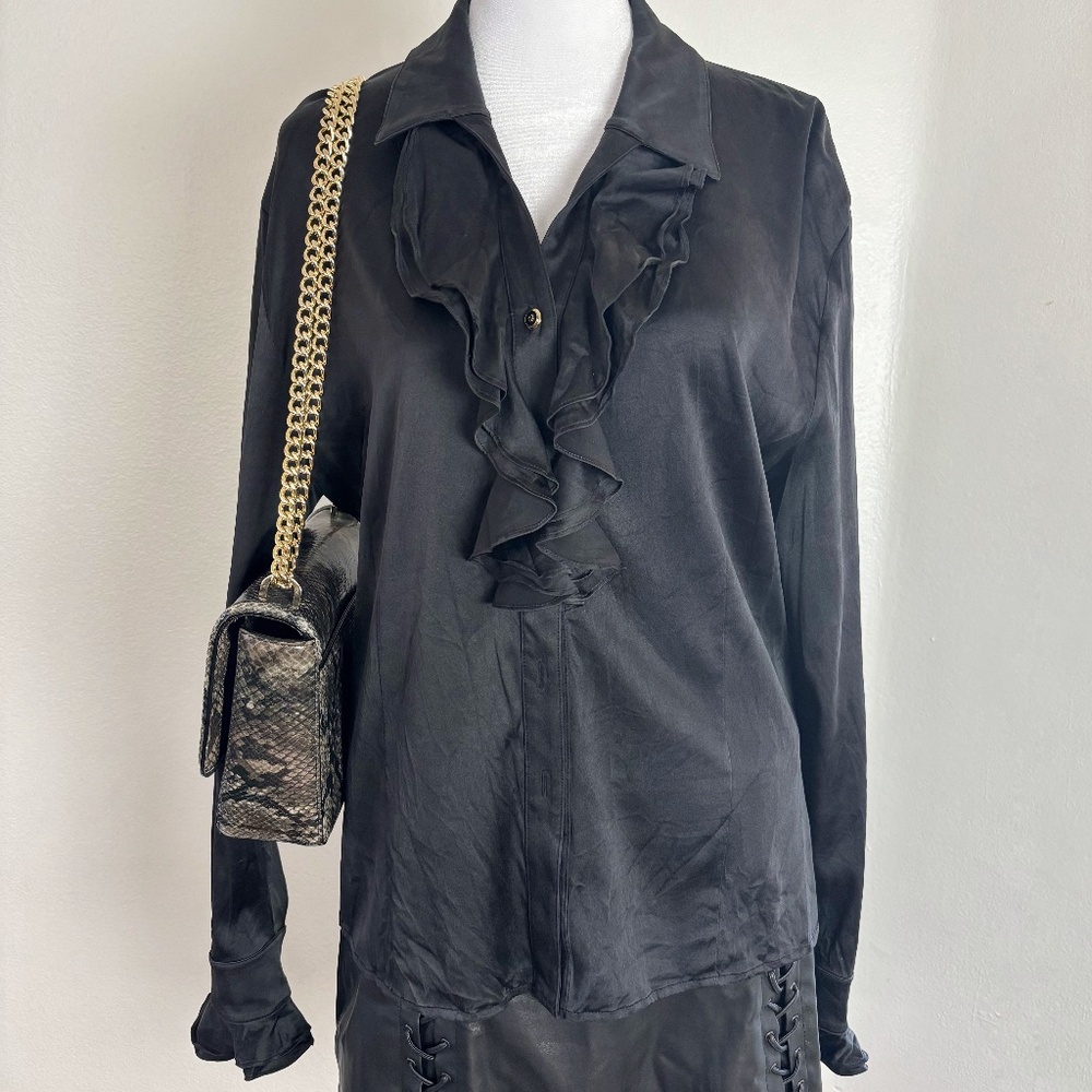 St. John Black Silk Ruffle Blouse Size 12